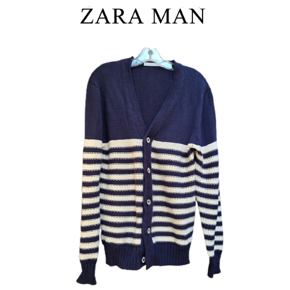 ZARA MAN V-NECK NAVY BLUE & CREAM CARDIGAN SIZE XL - Picture 2 of 4